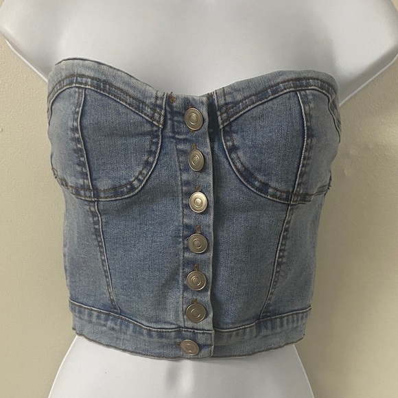 VINTAGE DENIM BUSTIER WITH BUTTON FRONT AND SHEERING IN BACK TO LOOK SNATCHED IN - Picture 1 of 12